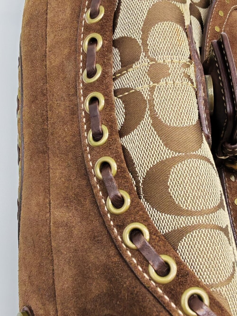 Coach Soho Signature Canvas Suede Buckle Flap Satchel Handbag Brown Studded Y2K - Picture 13 of 15